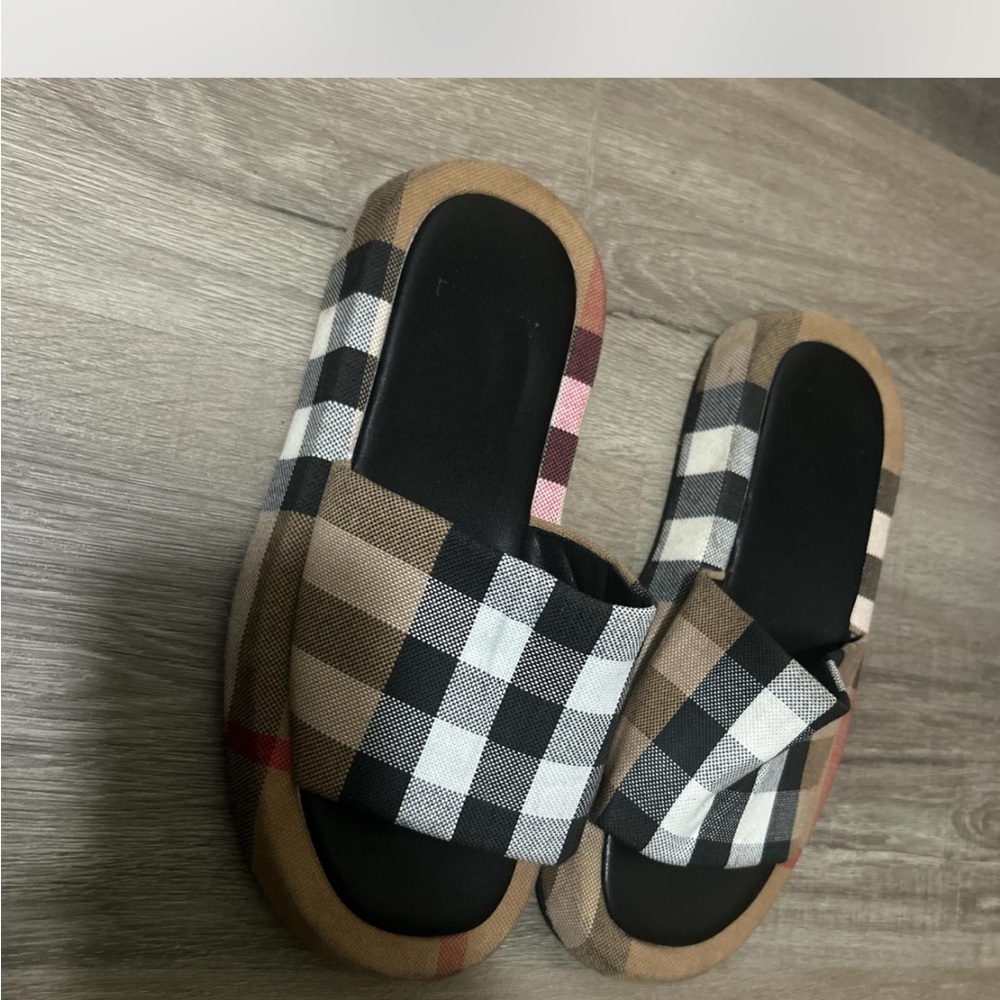 SOLD Burberry Checkered Slide Sandals - Black, White, Tan